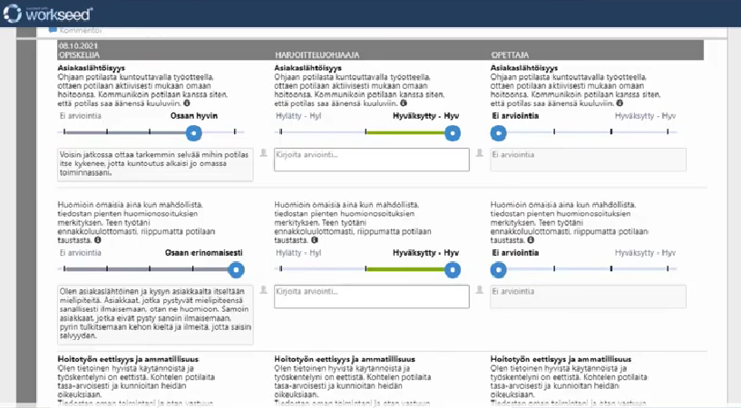 Workseed -arviointityökalu, jossa opiskelija, opettaja ja harjoitteluohjaaja antavat palautetta